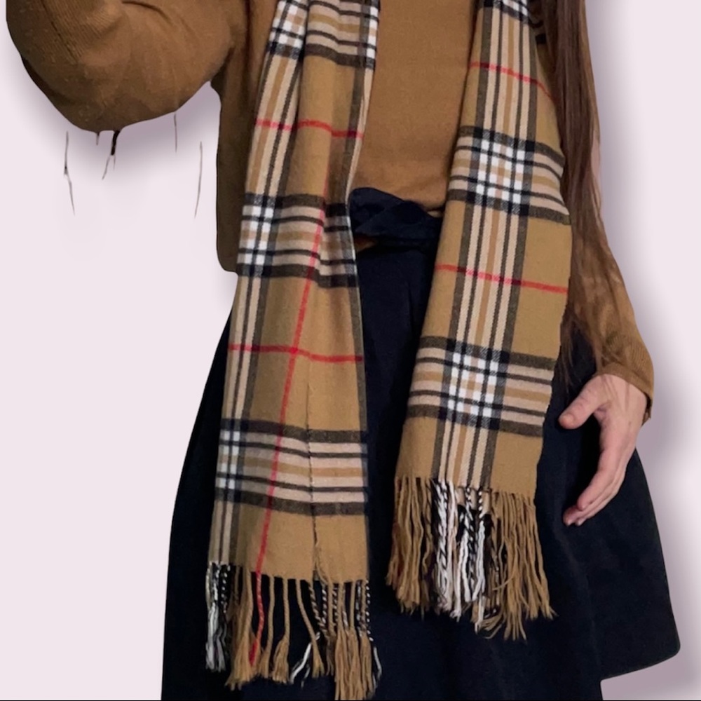 100% CASHMERE SCARF MADE IN SCOTLAND PLAID Check DESIGN SOFT Camel